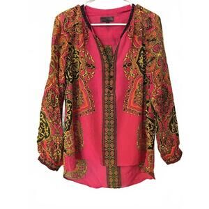 Hale Bob Pink and Multicolor Silk Beaded Bohemian Blouse